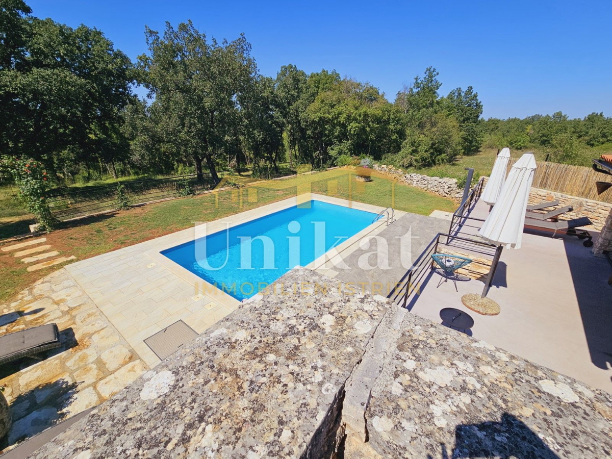 Posest z obnovljeno kamnito hišo, vrtom in bazenom